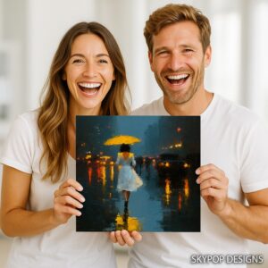 Yellow Umbrella City Night Art
