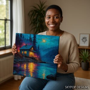 Moonlit Cabin Lake Art