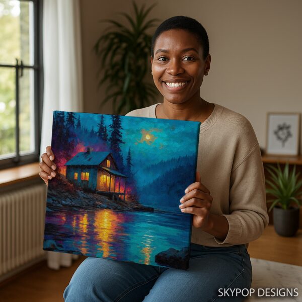 Moonlit Cabin Lake Art