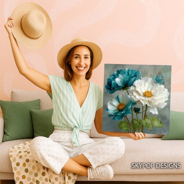Teal Peony Butterfly Art