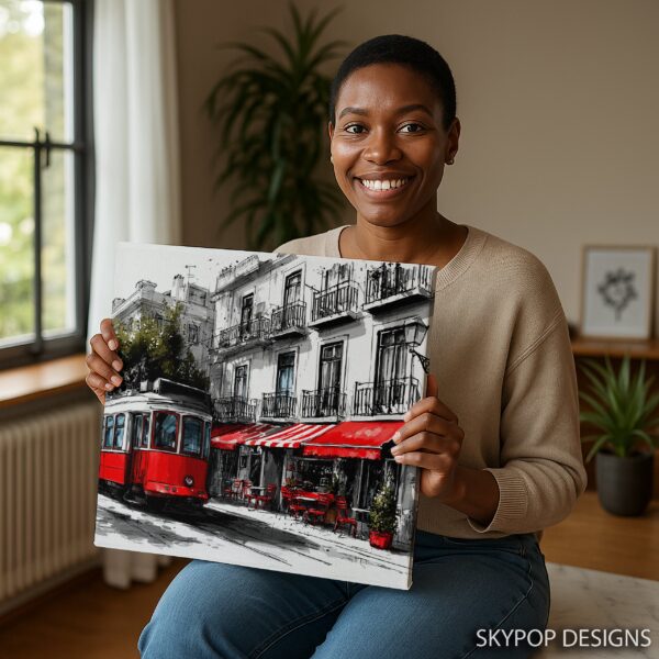 Red Tram City Scene Art