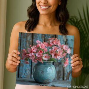 Pink Geraniums Teal Vase Art