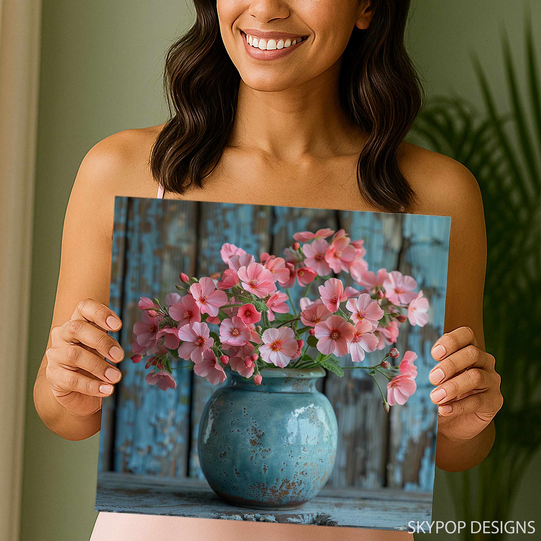 3.jpg Pink Geraniums Teal Vase Art