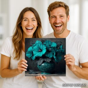 Teal Hibiscus Vase Art