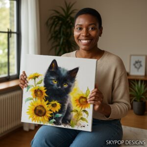 Black Cat and Sunflowers Art