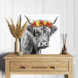 Highland Cow Floral Crown Art