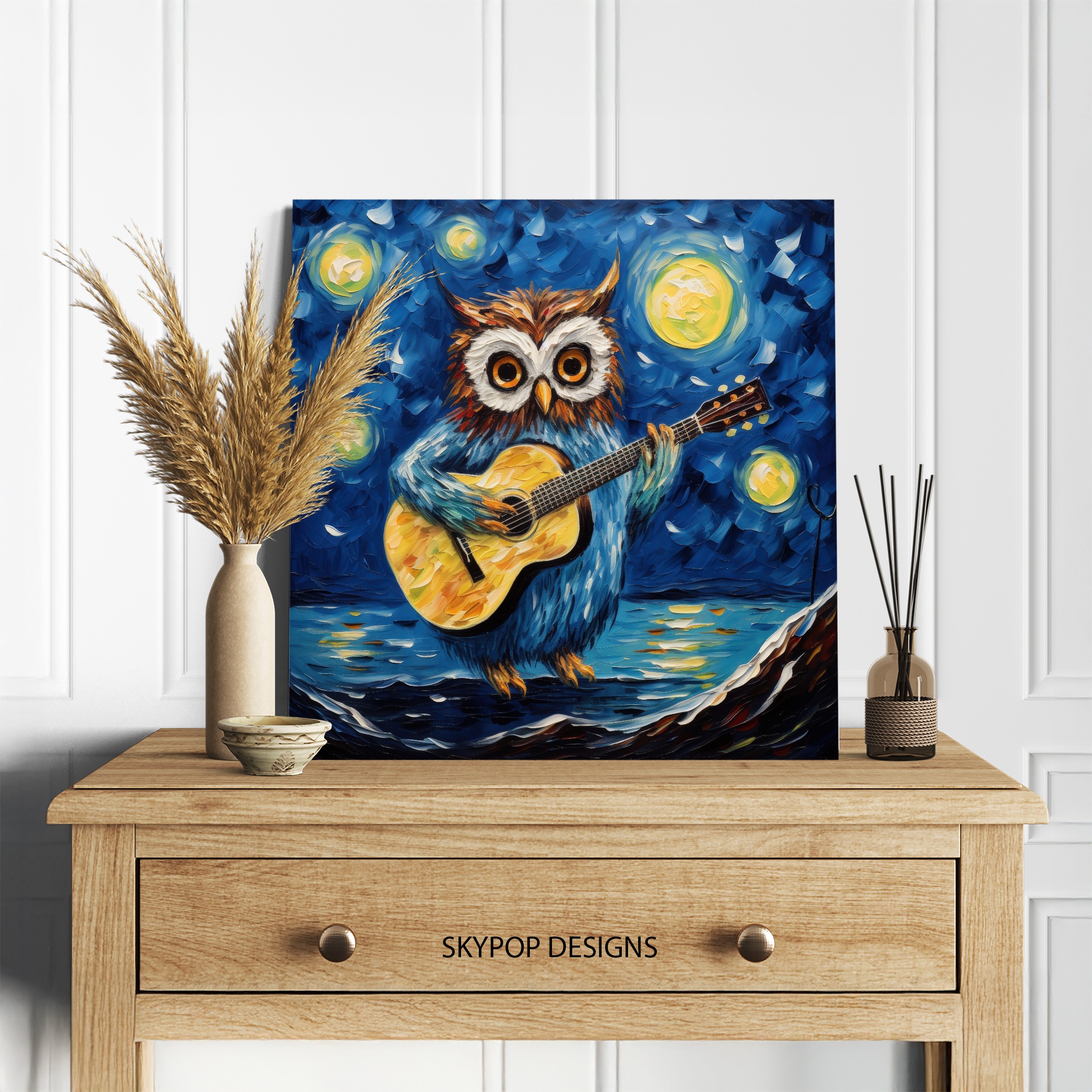 5.jpg Owl Guitar Starry Night Art