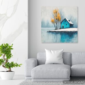 Lakeside Blue Cabin Art