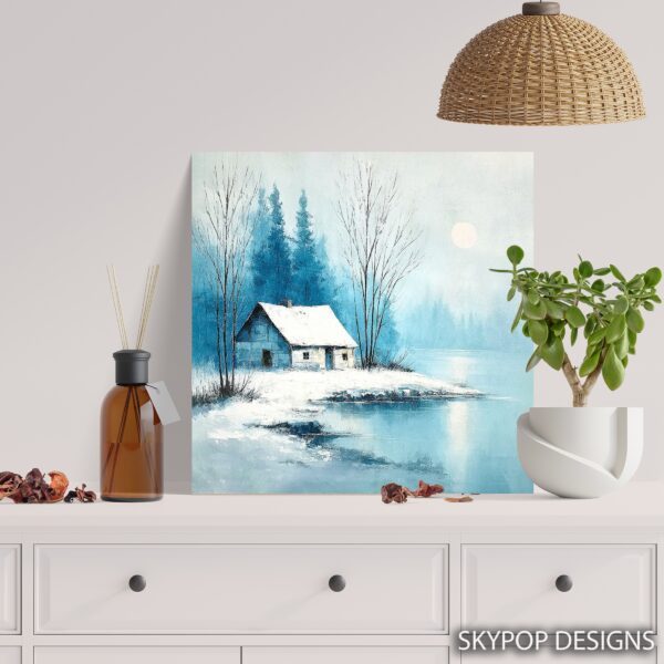 Winter Cabin Lake Art