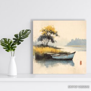 Serene Lake Boat Art