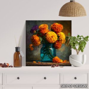Marigolds in Teal Jar Art