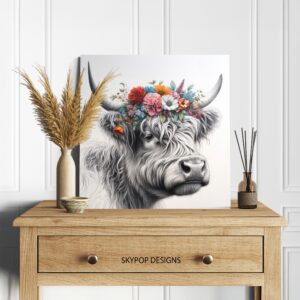 Highland Cow Floral Crown Art