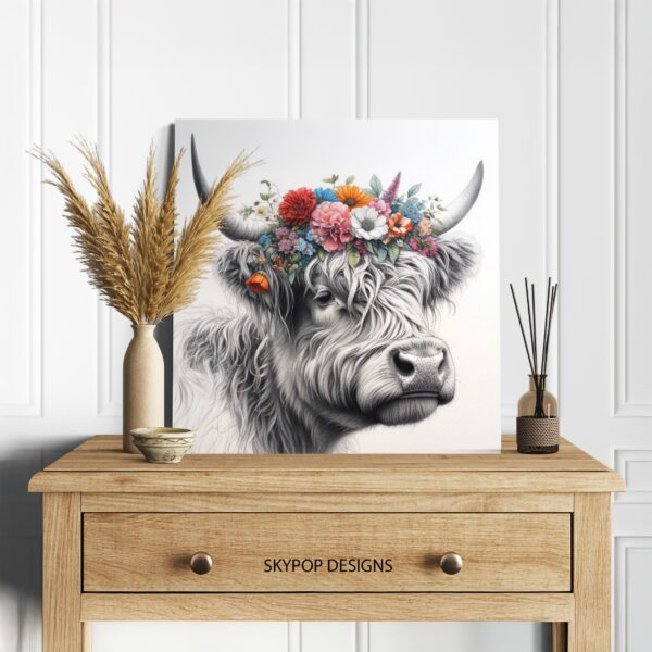 Highland Cow Floral Crown Art