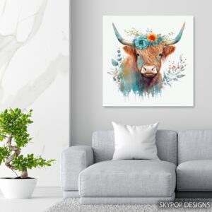 Highland Cow Floral Crown Art