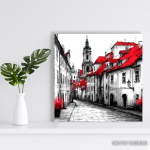 European Red Roof Cityscape Art