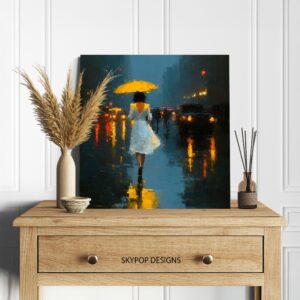 Yellow Umbrella City Night Art