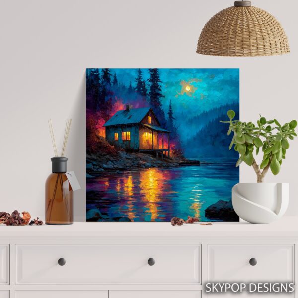 Moonlit Cabin Lake Art