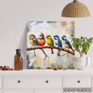 Colorful Birds on Branch Art