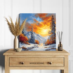 Fiery Winter Sunset Mountain Art