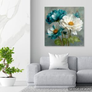 Teal Peony Butterfly Art