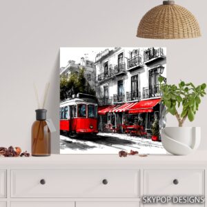 Red Tram City Scene Art
