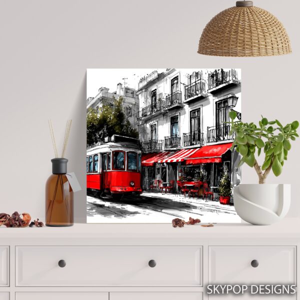 Red Tram City Scene Art