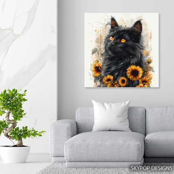 Black Cat Sunflower Art