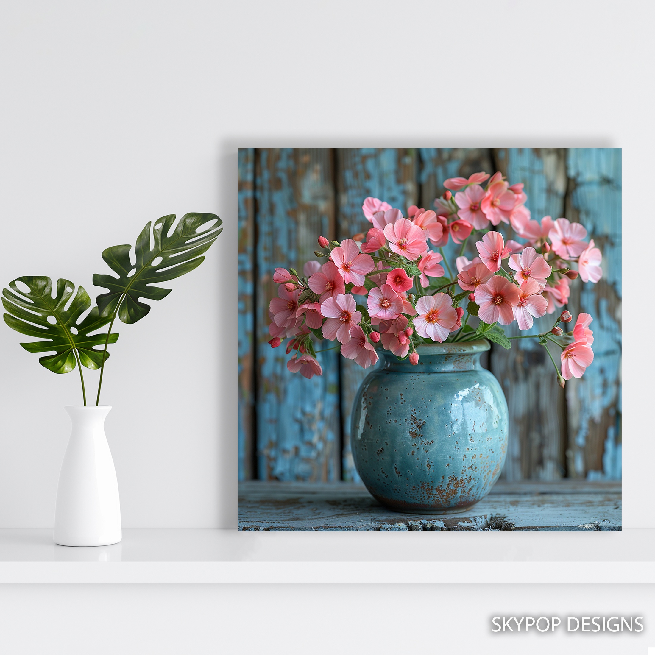 5.jpg Pink Geraniums Teal Vase Art