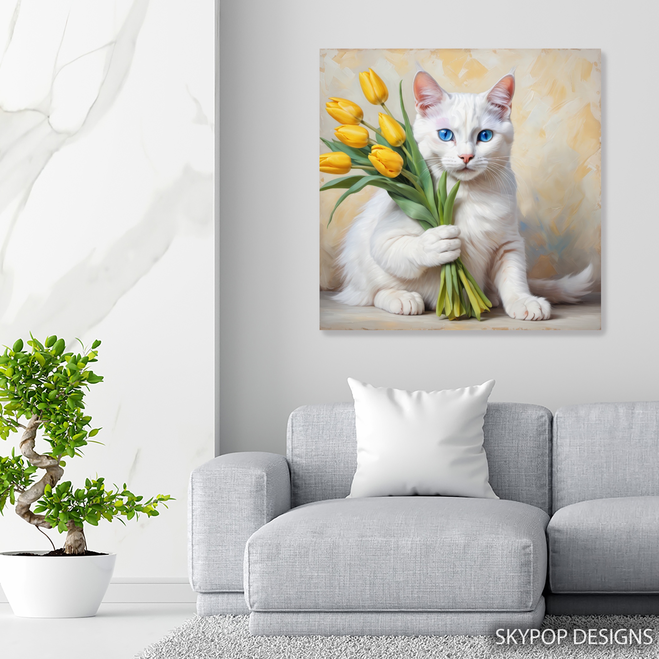 5.jpg White Cat With Yellow Tulips Art