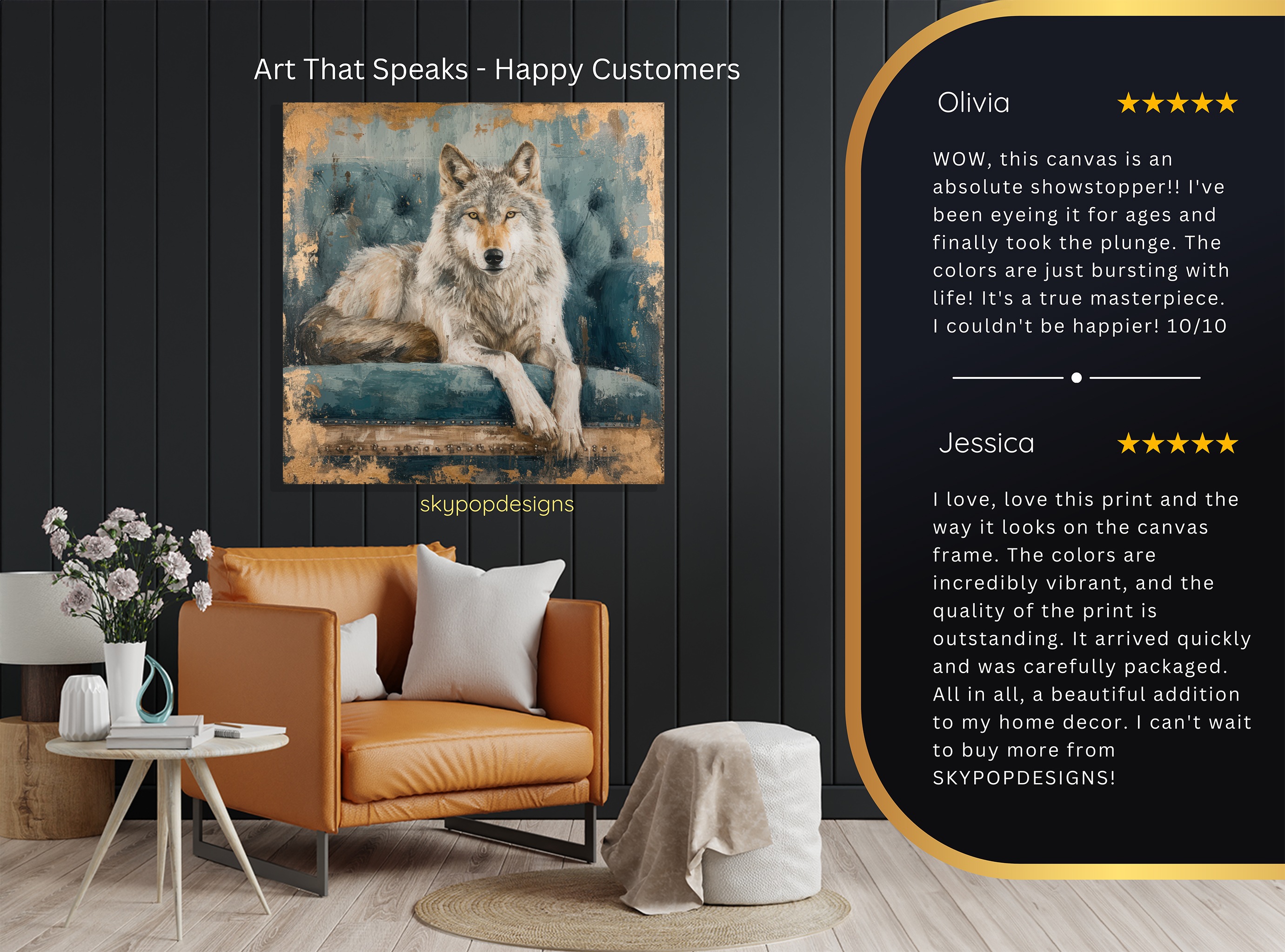 Wolf canvas art in entryway with console table