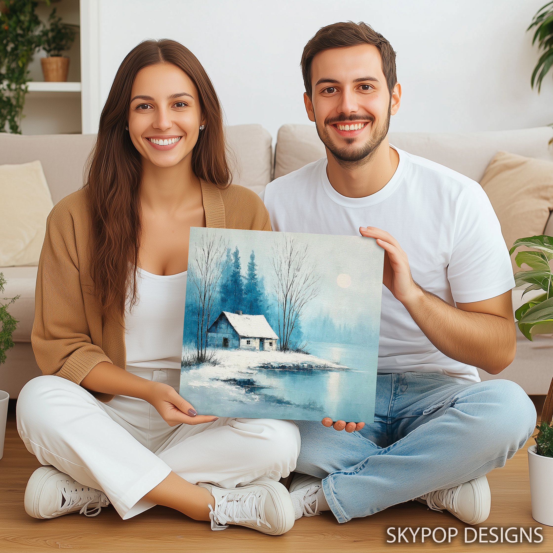 9.jpg Winter Cabin Lake Art
