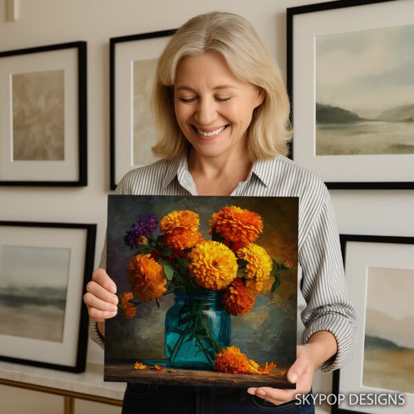 Marigolds in Teal Jar Art