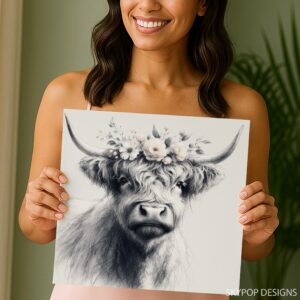 Highland Cow Floral Crown Art