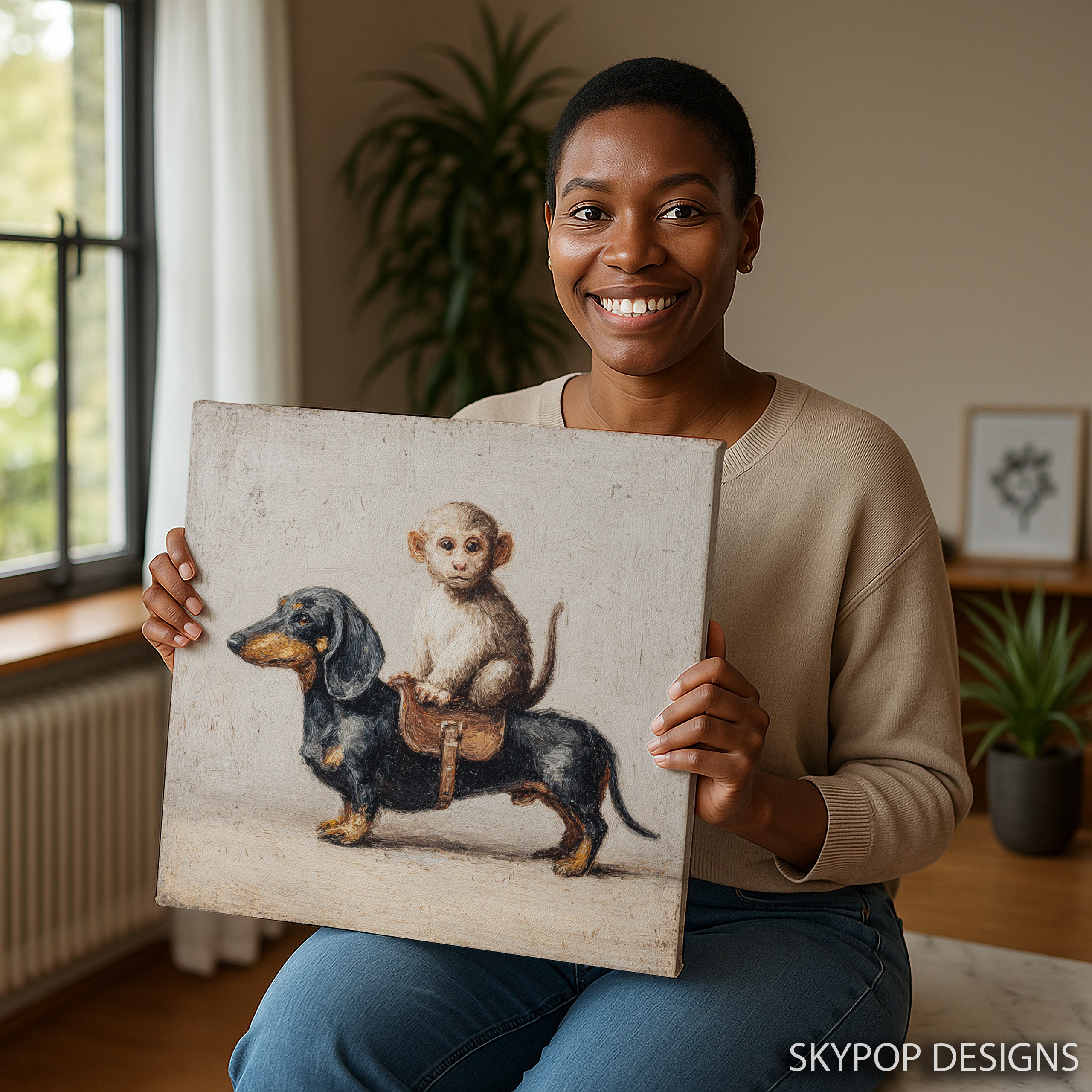 9.jpg Monkey Riding Dachshund Art