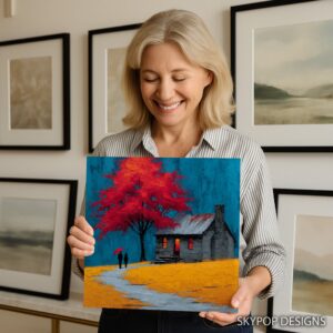 Vibrant Red Tree House Art