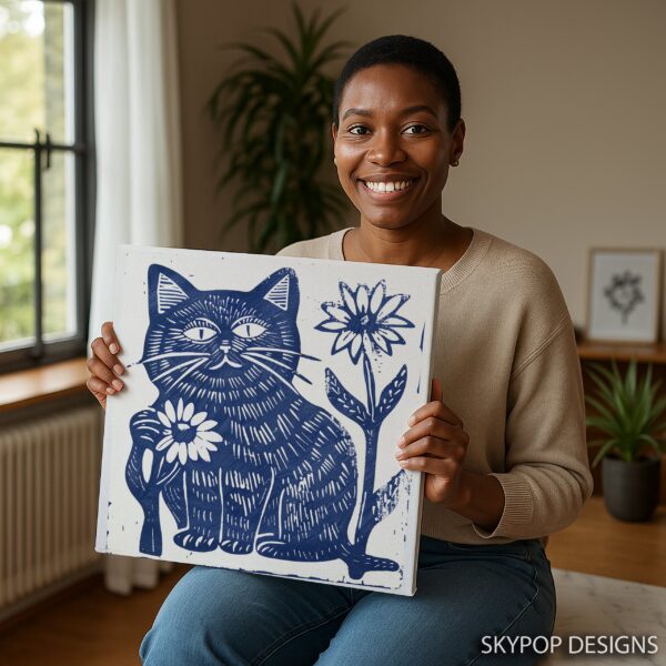 Blue Cat Flower Art