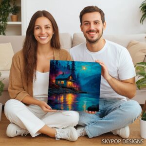 Moonlit Cabin Lake Art