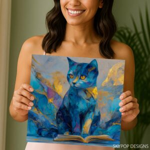 Blue Cat Reading Art