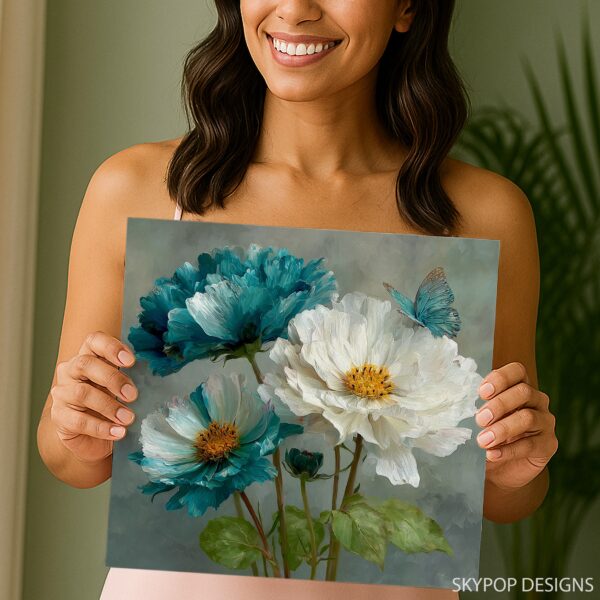 Teal Peony Butterfly Art