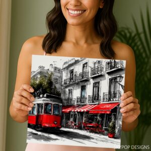 Red Tram City Scene Art