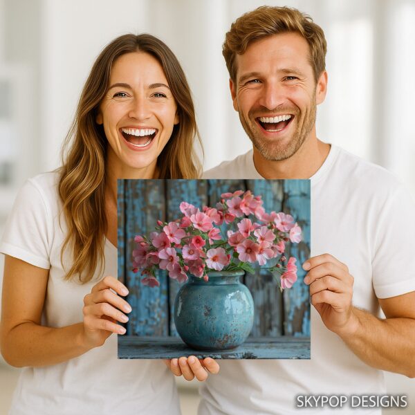 Pink Geraniums Teal Vase Art