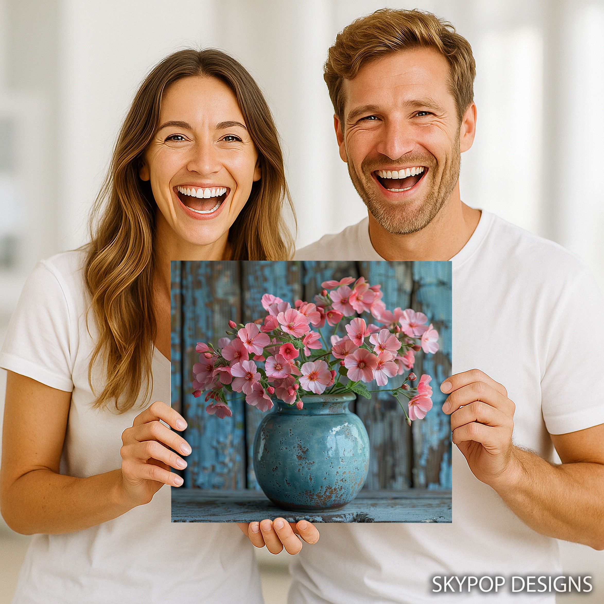 9.jpg Pink Geraniums Teal Vase Art