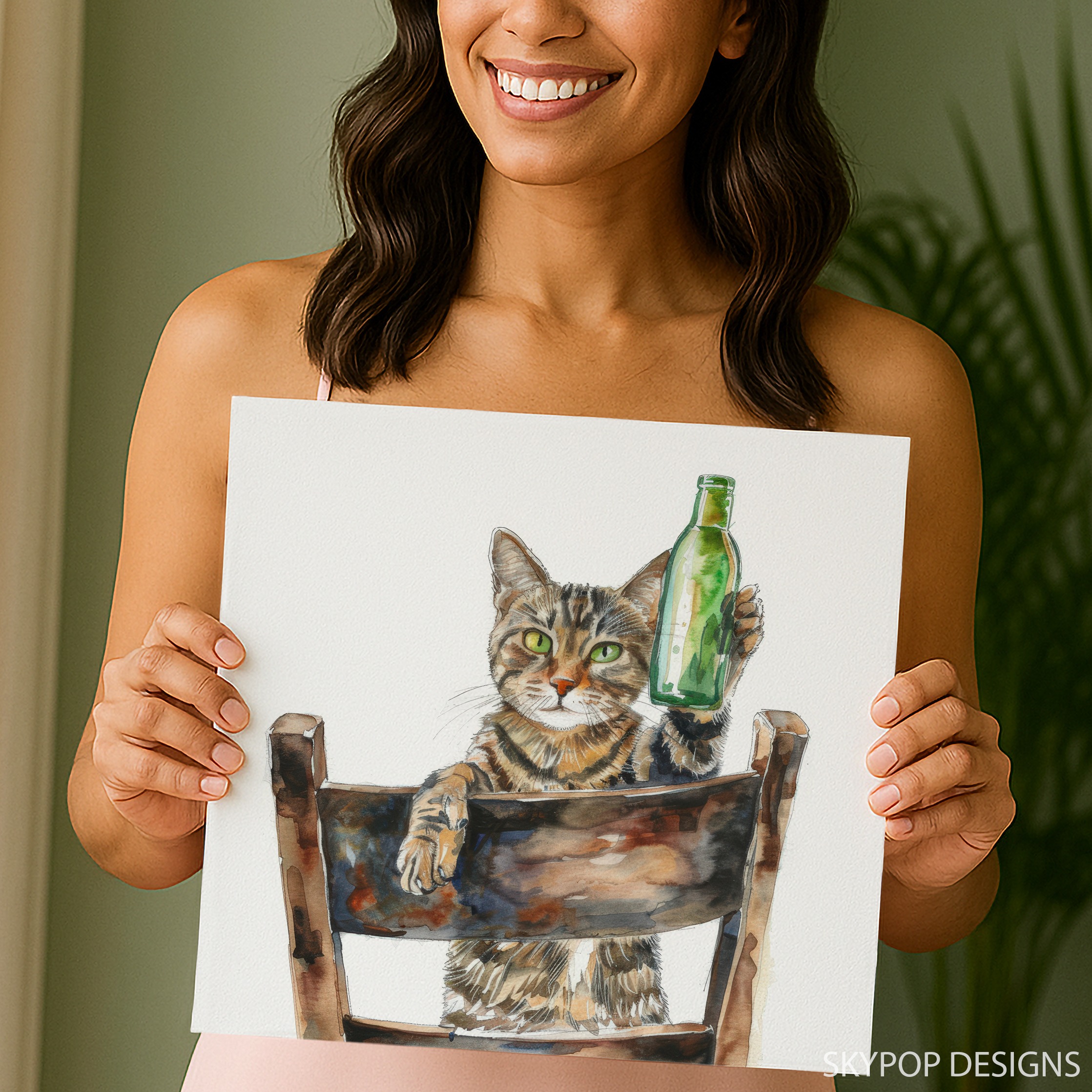 9.jpg Cat Holding Green Bottle Art