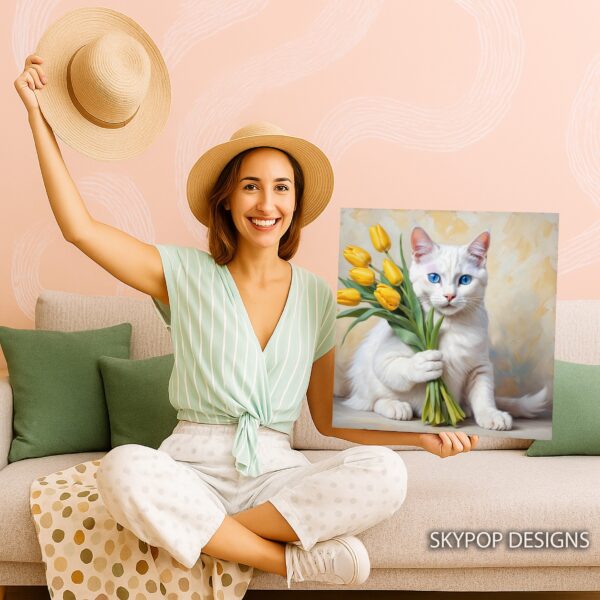White Cat With Yellow Tulips Art
