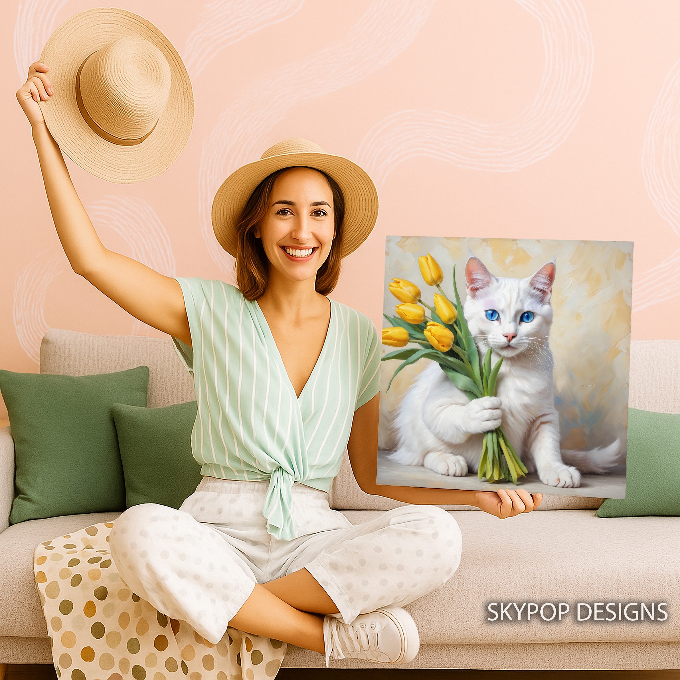 9.jpg White Cat With Yellow Tulips Art