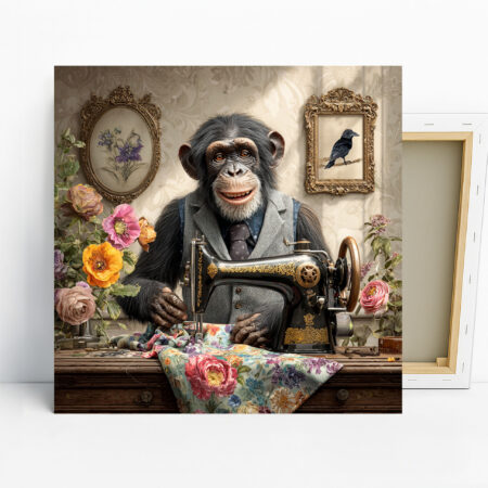 Chimpanzee Tailor Art, Canvas or Poster, Whimsical Bohemian Decor, Living Room Office Library Craft Room Wall Art, Multicolor Gold Green Brown