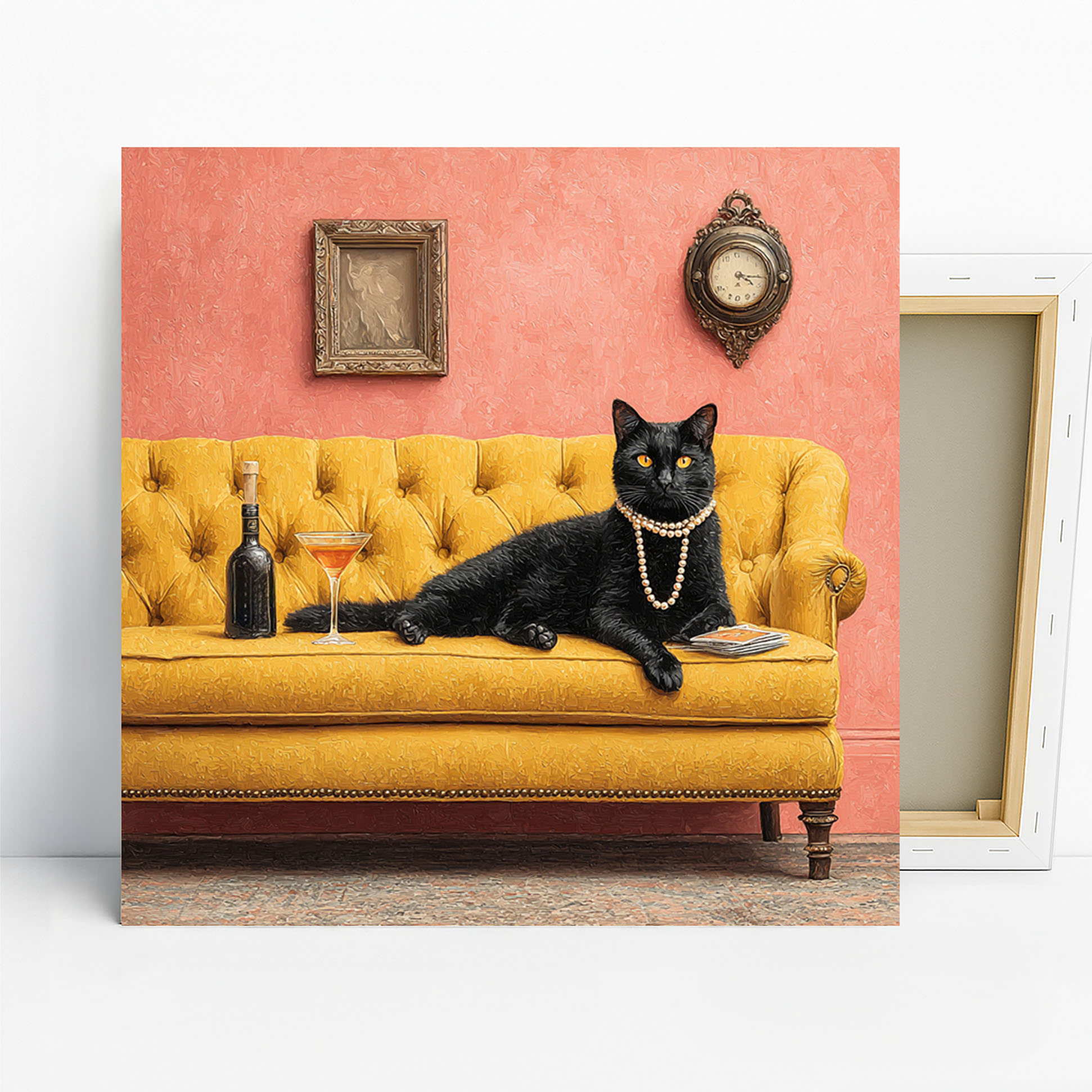 Cat Art - Poster or Canvas - Contemporary Glam Bohemian Decor - Living Room Bedroom Game Room Entryway Wall Art - Black Gold Pink Multicolor