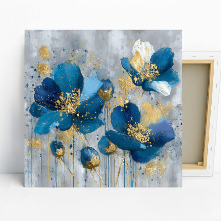 Golden Blue Floral Burst Art