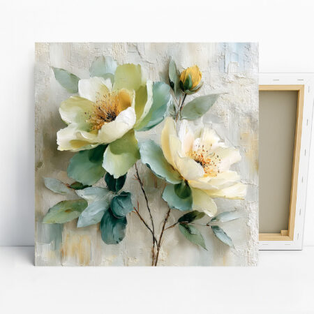 Peony Bloom Art, Canvas or Poster, Modern Scandinavian Decor, Living Room Bedroom Entryway Dining Room Wall Art, Beige White Green Yellow Floral Print