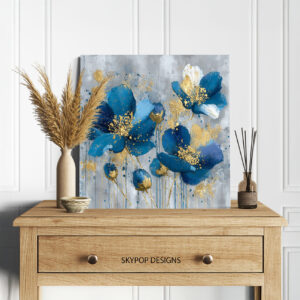 Golden Blue Floral Burst Art